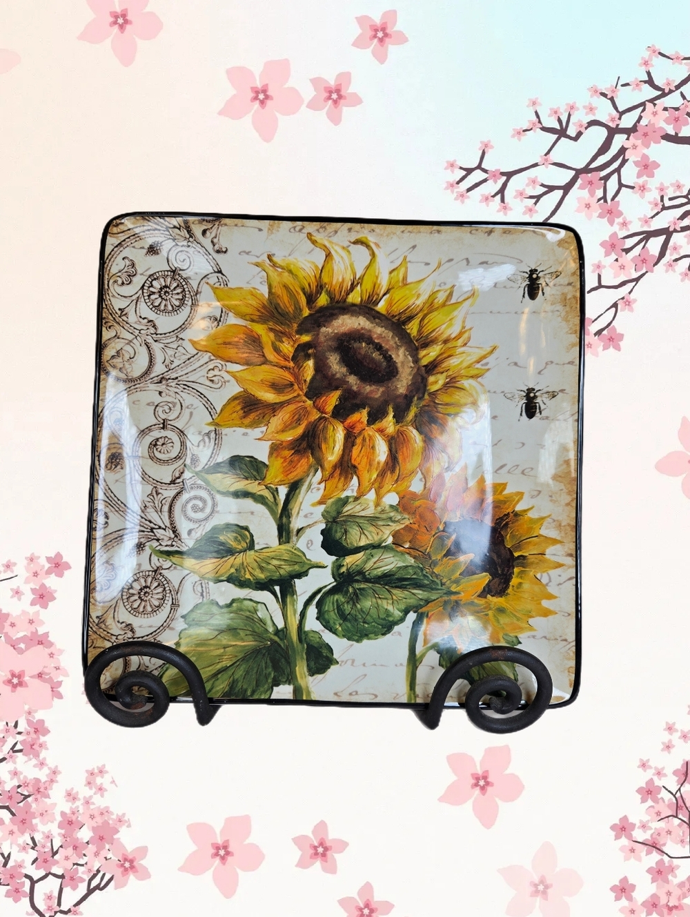 French Sunflower Display Plate Dish Tre Sorelle Studios Ceramic Metal Stand